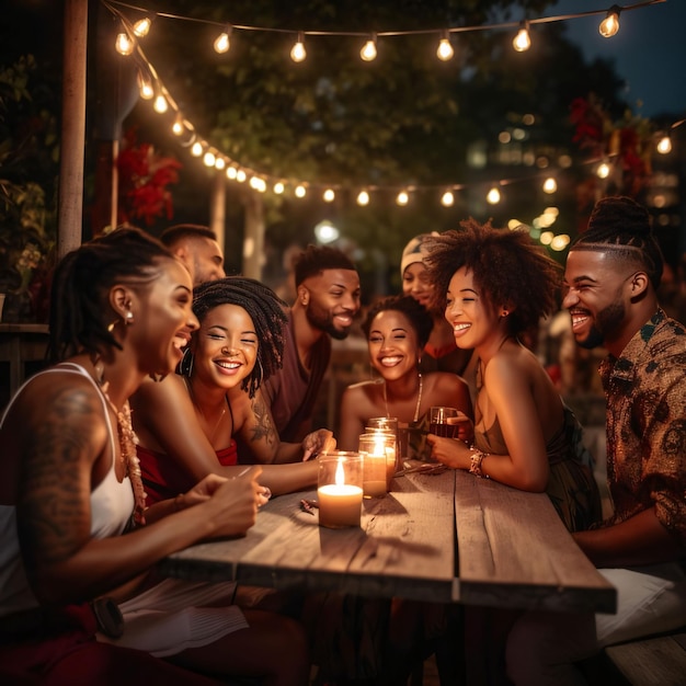 Felice gruppo di amici neri a un tavolo di legno che bruciano candele intorno alle lanterne che celebrano il mese della storia nera