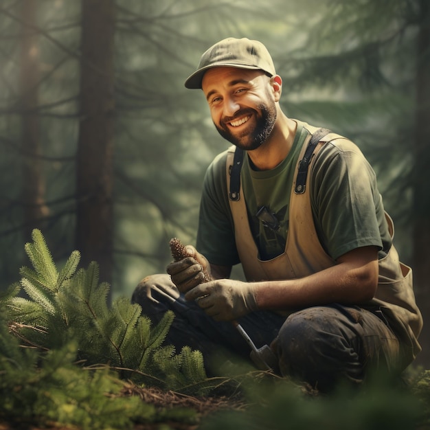 Felice guardaboschi che lavora in una foresta verde sta preservando la sensazione di gioia della natura