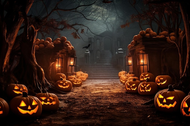 Felice Halloween con zucche Celebrazione inquietante e decorazioni inquietanti Fissano la scena infestata