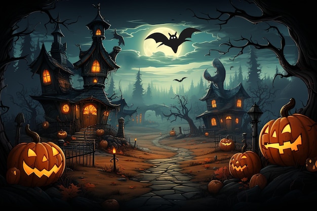Felice Halloween con zucche Celebrazione inquietante e decorazioni inquietanti Fissano la scena infestata