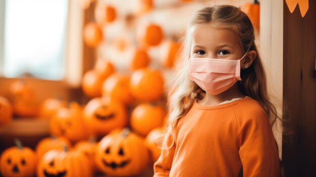 Felice Halloween Piccola ragazza carina in costume di zucca che indossa una maschera che protegge il viso