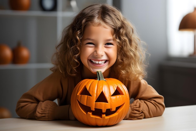 felice halloween ragazza sorridente con trucco halloween e vestito con un perfetto jack o lanterna