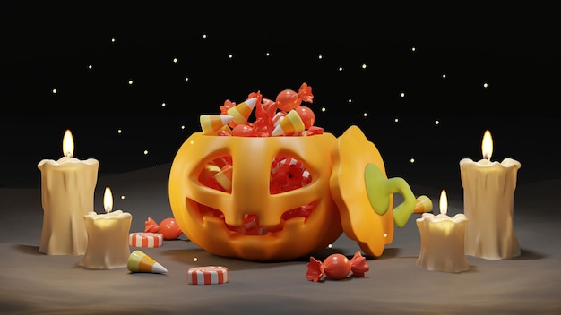 Felice halloween sfondo con caramelle in zucche e candele Rendering 3D