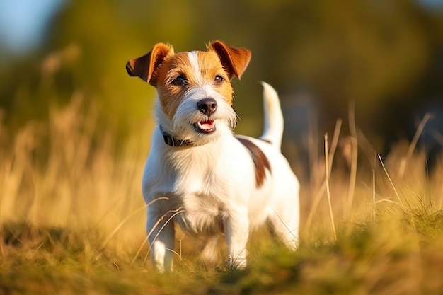 Felice jack russell terrier cane in attesa di ascolto nell'erba