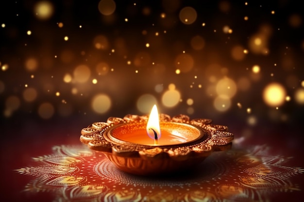 Felice lampada a olio di Diwali su carta da parati vuota sullo sfondo bokeh