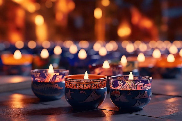 Felice lampada a olio di Diwali su una carta da parati scintillante a sfondo buio scuro