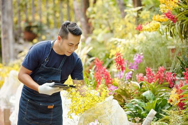 Felice lavoratore di vivaio di fiori maschio con tavoletta digitale che scarta le piante ricoperte di materiale non tessuto