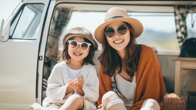 Felice madre asiatica e figlia che si rilassano nella natura con il camper