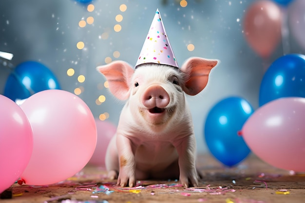 Felice maiale carino piggy in un cappello da festa gode e festeggia un compleanno circondato da coriandoli e palloncini che cadono Concetto di compleanno di animali domestici su sfondo luminoso