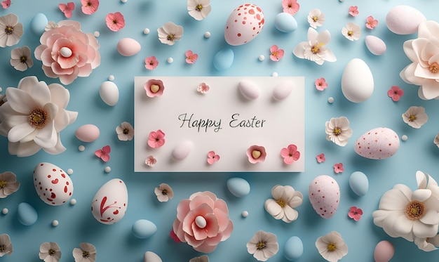 Felice messaggio di Pasqua con uova e fiori su uno sfondo blu