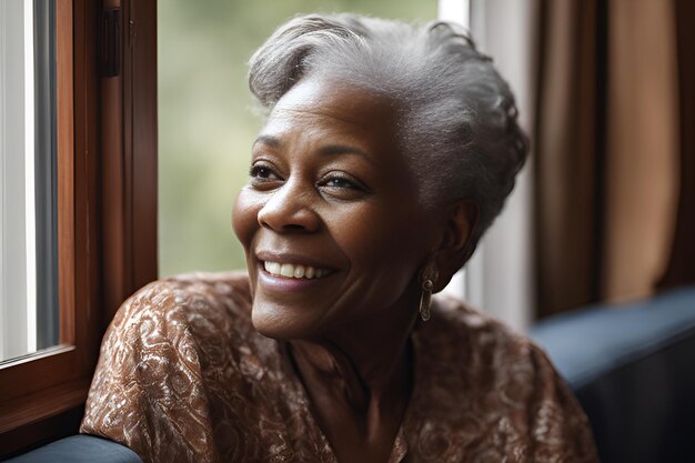 Felice nera matura capelli grigi donna in pensione godendo e guardando fuori dalla finestra a casa