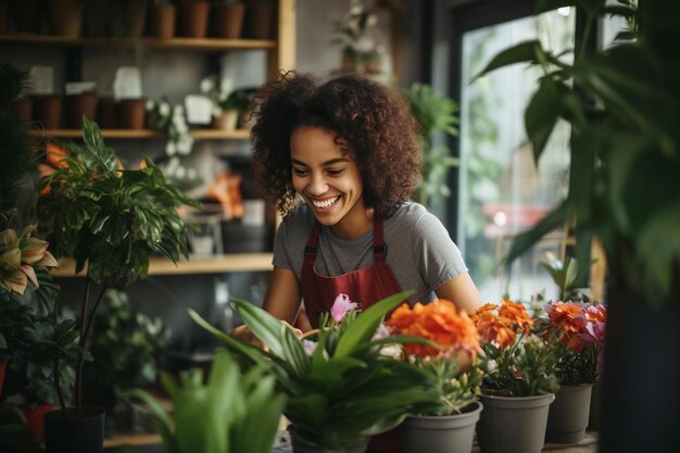 Felice organizzatore di fiori che si prende cura di una pianta in casa Ai generativa