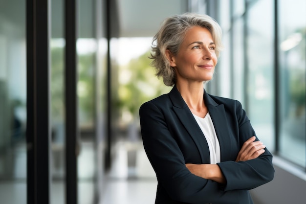 Felice orgoglioso prospero di mezza età maturo professionista donna d'affari amministratore delegato che indossa un abito in piedi in ufficio con le braccia incrociate distogliendo lo sguardo pensando alla vista del profilo laterale della leadership di successo