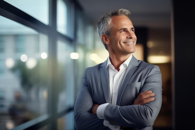 Felice, orgoglioso, prospero, di mezza età, professionista, uomo d'affari, amministratore delegato, dirigente, in abito, in ufficio, braccia incrociate, guardando lontano, pensando al successo, leadership, vista di profilo laterale.