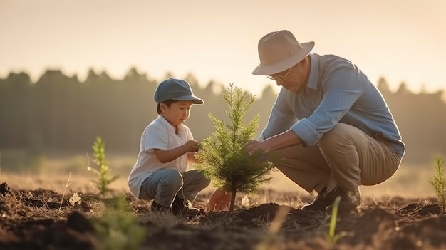 Felice padre e figlio che piantano alberi