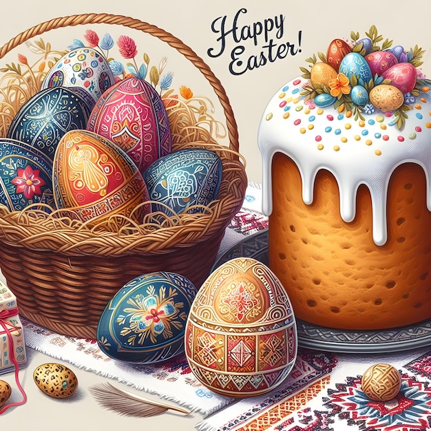 Felice Pasqua con un cesto di uova decorate e una torta tradizionale