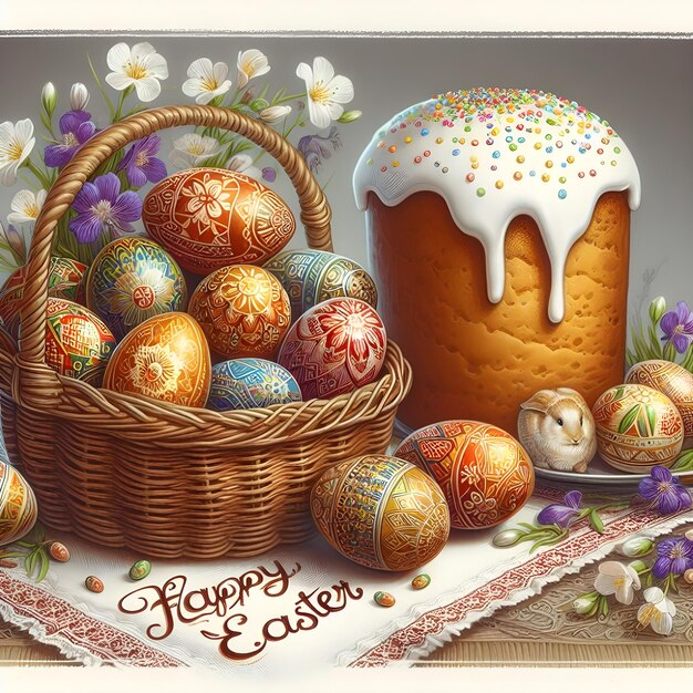 Felice Pasqua con un cesto di uova decorate e una torta tradizionale