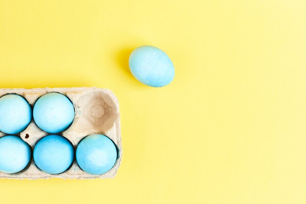 Felice Pasqua concetto. Uova di gallina dipinte in colore blu nello scomparto delle uova. Preparazione per le vacanze.