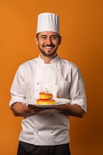 Felice pasticciere professionista in uniforme che tiene una deliziosa torta su uno sfondo arancione AI generativa