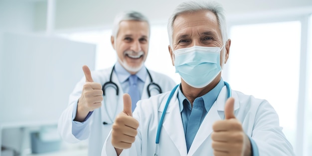 Felice paziente anziano e medico vestito con maschere mediche comunicano in un ufficio ospedaliero