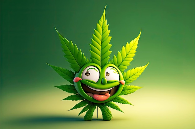 Felice personaggio dei cartoni animati di foglie di cannabis con un ampio sorriso
