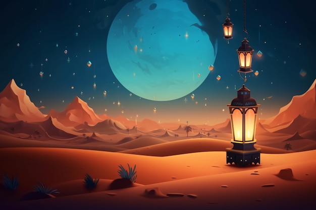 felice poster di eid al adha con lanterna e deserto di notte come sfondo generativo ai