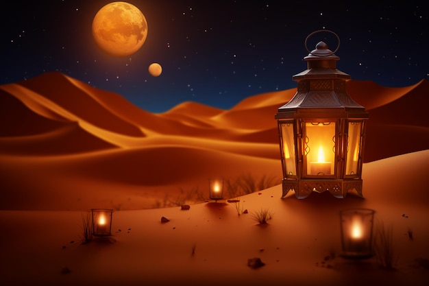felice poster di eid al adha con lanterna e deserto di notte come sfondo generativo ai