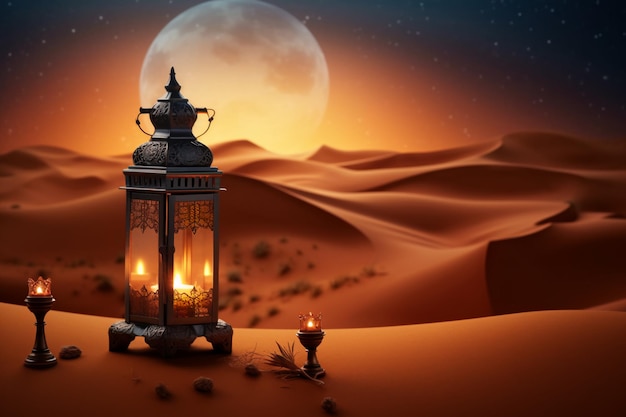 felice poster di eid al adha con lanterna e deserto di notte come sfondo generativo ai
