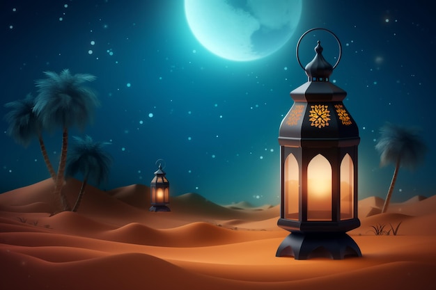 felice poster di eid al adha con lanterna e deserto di notte come sfondo generativo ai