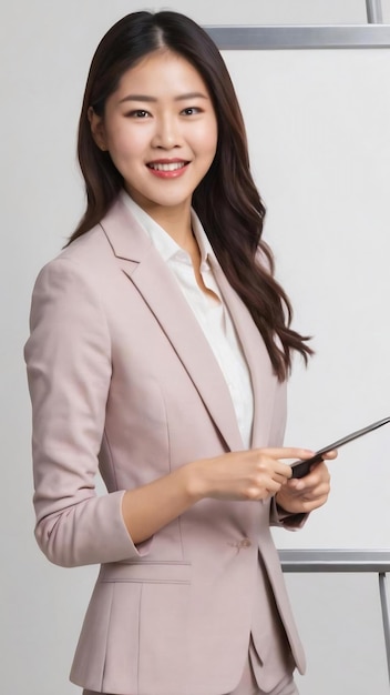 Felice professionista asiatica manager donna d'affari in abito che mostra annuncio sorridendo e poi