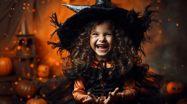 Felice ragazza che ride in costume da strega per halloween