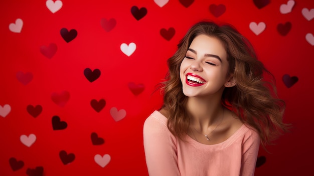 Felice ragazza elegante che ride spensierata donna con cuore su sfondo rosso per lo striscione del giorno di San Valentino