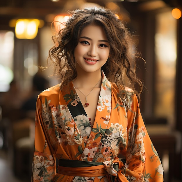 felice ragazza giapponese che indossa un abito kimono