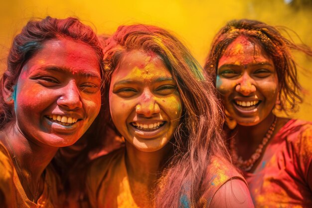 Felice ragazze indiane celebrano la colorata festa di Holi in India Generative Ai