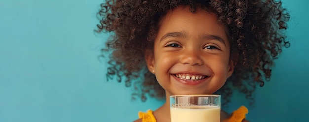 Felice ragazzina afroamericana con un bicchiere di latte isolato su uno sfondo blu