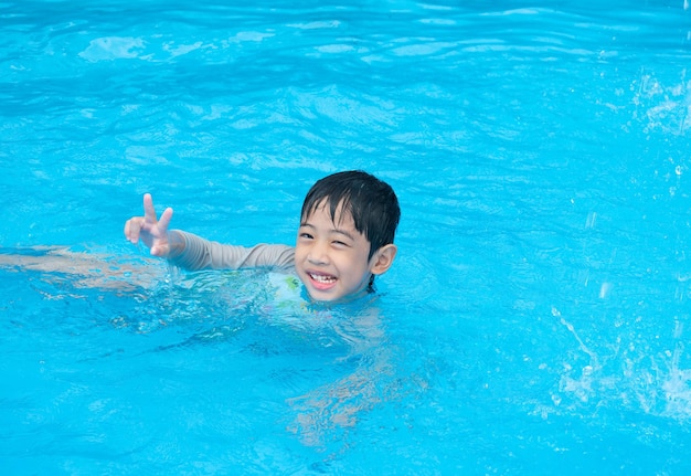 Felice ragazzo asiatico carino di cinque anni sta nuotando e giocando nella piscina blu chiaro Si sta rilassando durante le sue vacanze estive