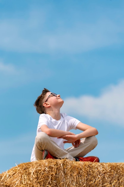 Felice ragazzo si siede sul pagliaio contro il cielo blu Il bambino si gode l'aria fresca guardando il cielo nel villaggio Cornice verticale