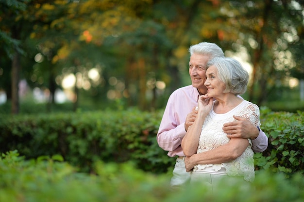 Felice senior donna e uomo che si abbracciano nel parco