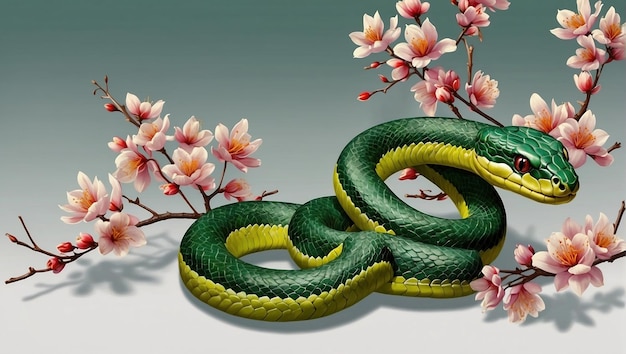 Felice serpente verde in primavera estate su uno sfondo floreale brillante Felice Capodanno cinese 2025