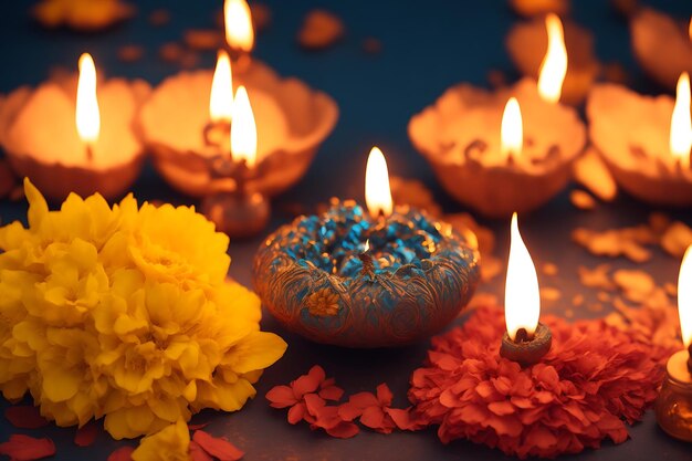 Felice sfondo della celebrazione di Diwali con lampade tradizionali