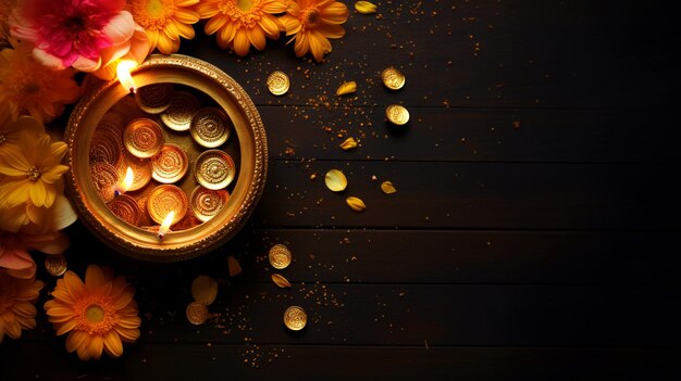 Felice sfondo Dhanteras con vaso d'oro e monete d'oro vista dall'alto