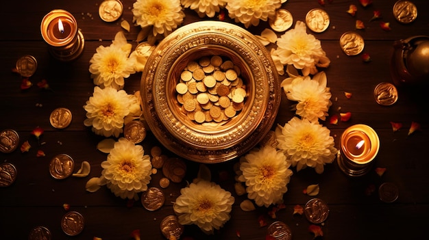 Felice sfondo Dhanteras con vaso d'oro e monete d'oro vista dall'alto