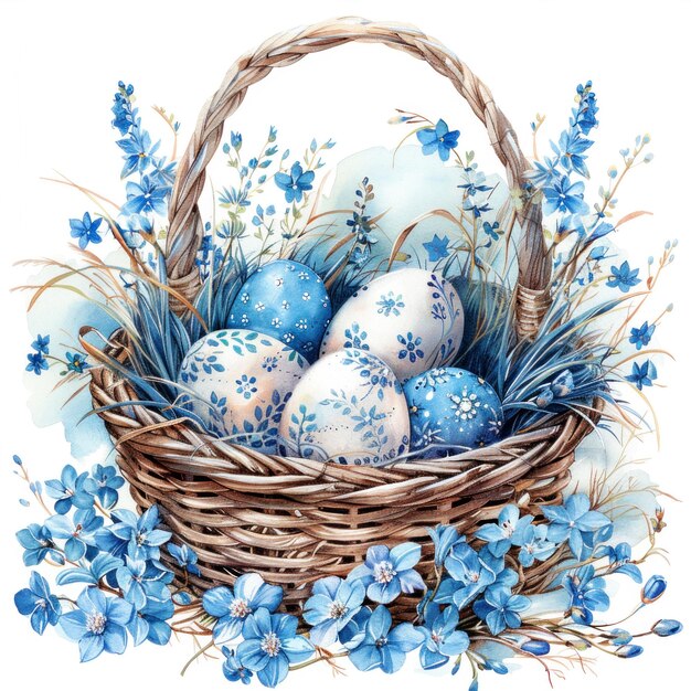 Felice sfondo di Pasqua con uova nel cesto fiori primaverili e copia carta di auguri spaziale