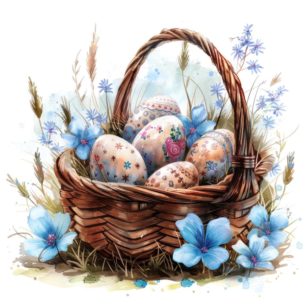 Felice sfondo di Pasqua con uova nel cesto fiori primaverili e copia carta di auguri spaziale