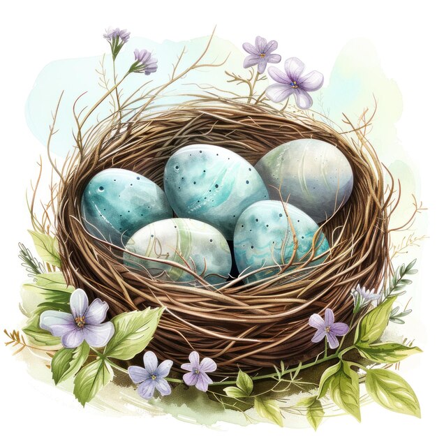 Felice sfondo di Pasqua con uova nel cesto fiori primaverili e copia carta di auguri spaziale