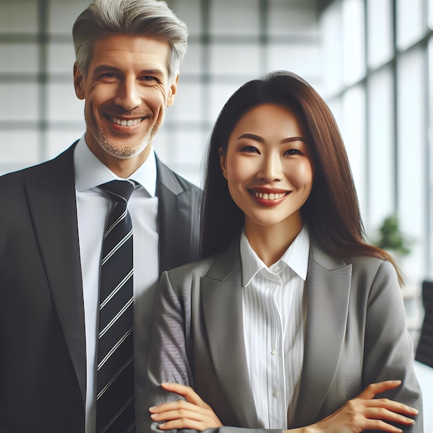 Felice, sicuro, professionista, maturo, uomo d'affari latino e donna d'affare asiatica, dirigenti aziendali.