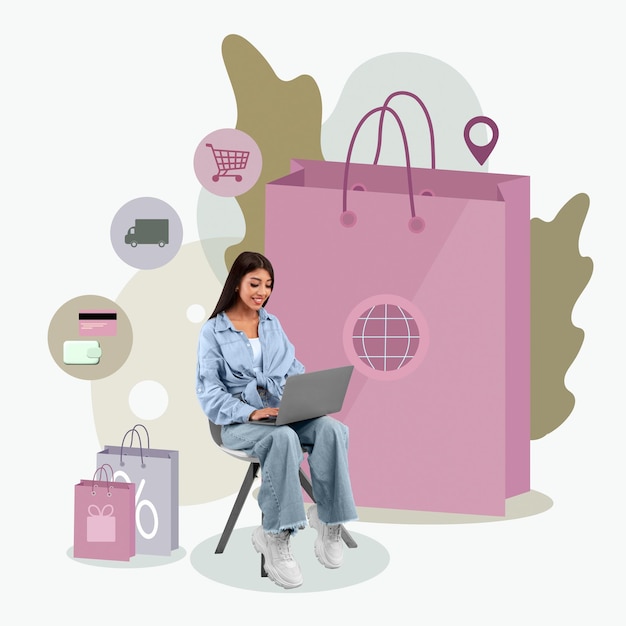 Felice signora nera utilizzando il computer portatile seduto vicino a un'enorme borsa della spesa su sfondo colorato donna che gode