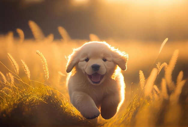 Felice simpatico burattino Golden Retriever cane che corre nel prato su sfondo dorato della luce del sole IA generativa