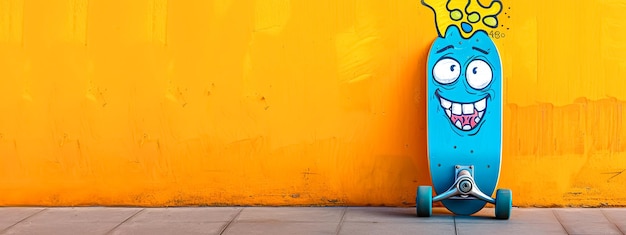Felice skateboard blu elettrico con faccia di cartone animato contro la parete gialla