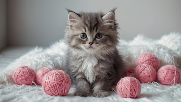 Felice sonnolento gatto persiano peloso gioca con belle palle strisce di filo